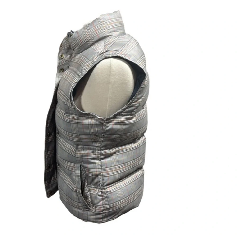 Tommy Hilfiger Grey Plaid Puffer Vest Womens Quilted‎ Zip Snap Front Outerwear